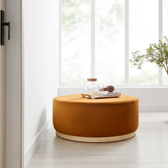 Modway Tilden Large 38" Round Performance Velvet Upholstered Ottoman in Rust Natural