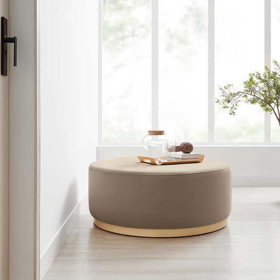 Modway Tilden Large 38" Round Performance Velvet Upholstered Ottoman in Taupe Natural