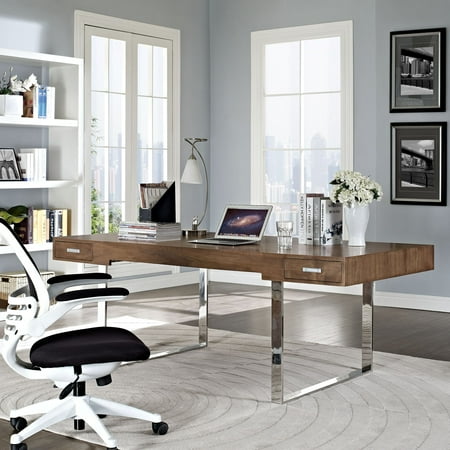 Modway Tinker Modern Stainless Steel & Wood Office Desk in Walnut