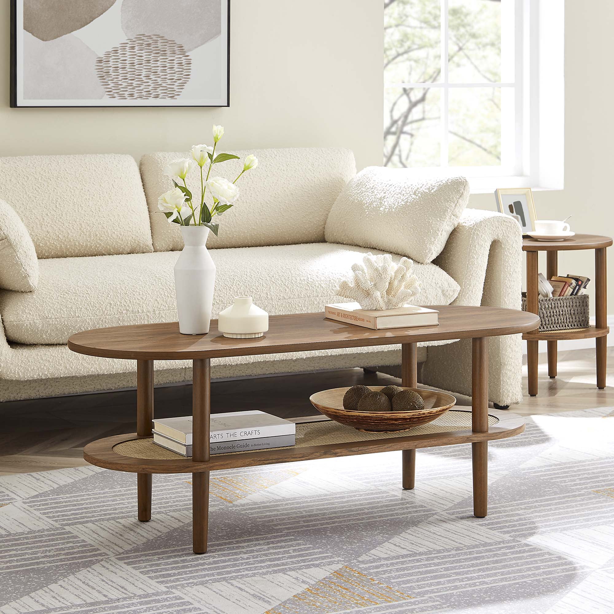 Walnut Oval Coffee Table with Rattan Shelf and Wood Grain Finish