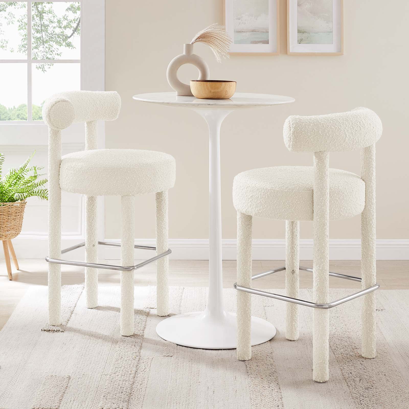 Ivory Boucle Fabric Bar Stool with Metal Stretcher, 30" Seat Height