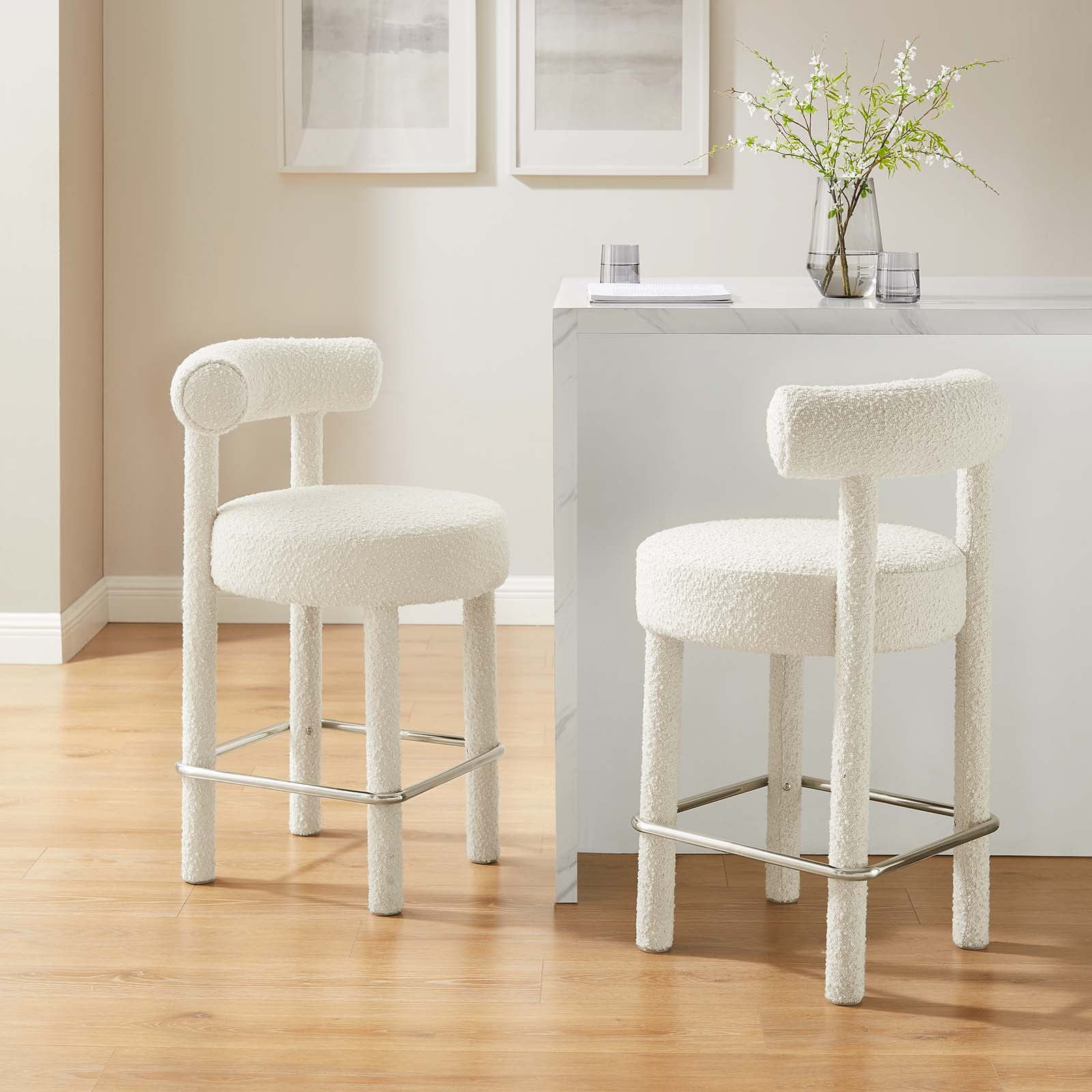 Ivory Boucle Fabric and Metal Counter Stool Set