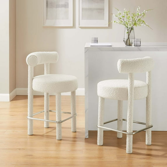 Modway Toulouse Boucle Fabric Counter Stool - Set of 2 in Ivory Silver