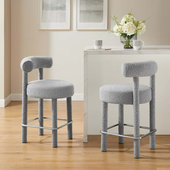 Modway Toulouse Boucle Fabric Counter Stool - Set of 2 in Light Gray Silver