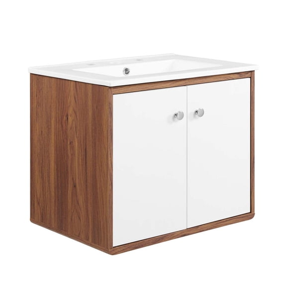 Modway Transmit 24.5" Modern Plastic Wall-Mount Bathroom Vanity in Walnut/White