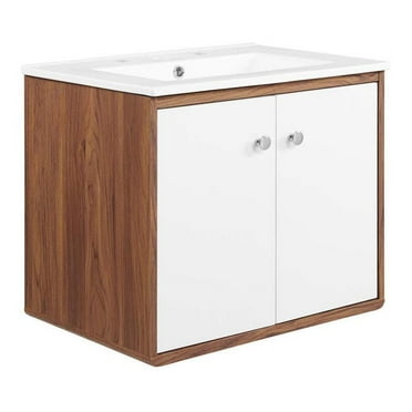 Modway Transmit 24.5" Modern Plastic Wall-Mount Bathroom Vanity in Walnut/White