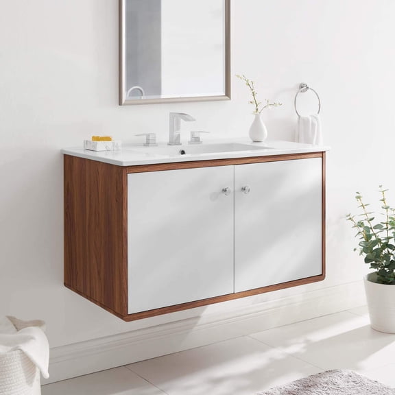 Modway Transmit 36" Modern Plastic Wall-Mount Bathroom Vanity in Walnut/White