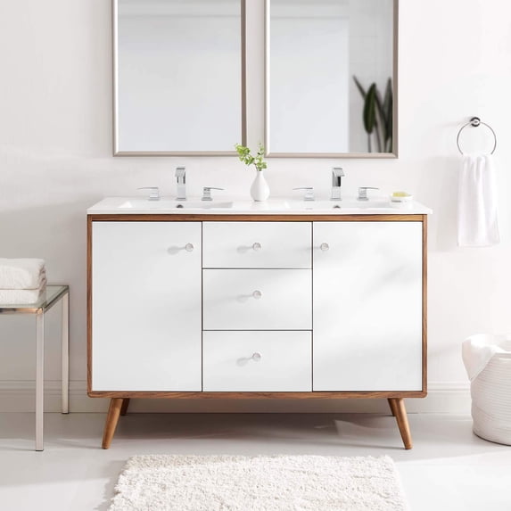 Modway Transmit 48" Modern Wood Double Sink Bathroom Vanity in Walnut/White