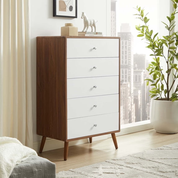 Modway Transmit 5-Drawer Chest in Walnut White