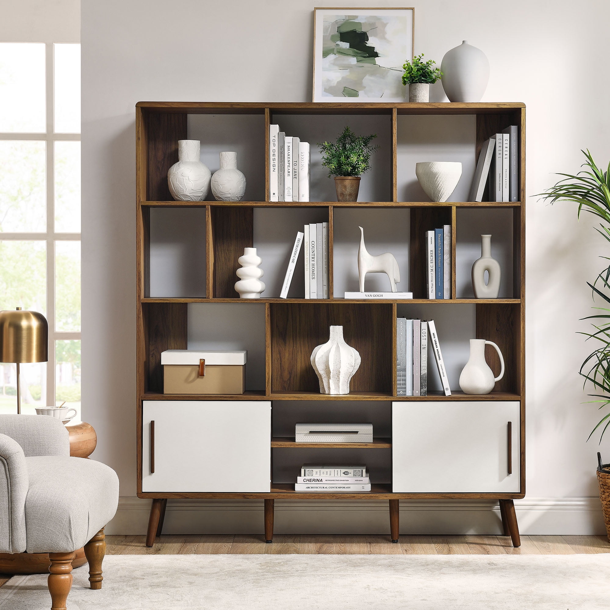 Walnut Linen 59" Wood Corner Bookcase with Sliding Doors