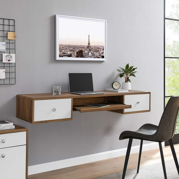 Modway Transmit 60" Wall Mount Wood Office Desk in Walnut White