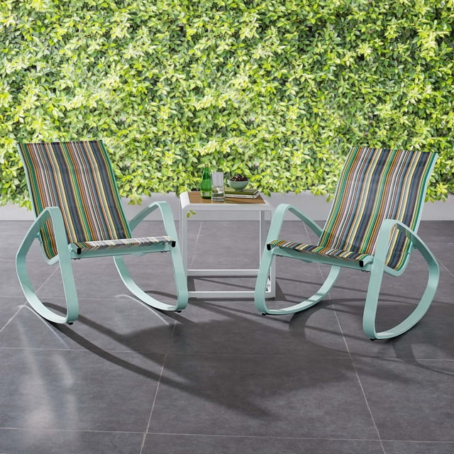 Modway Traveler Rocking Lounge Chair Outdoor Patio Mesh Sling Set of 2 in Green Stripe