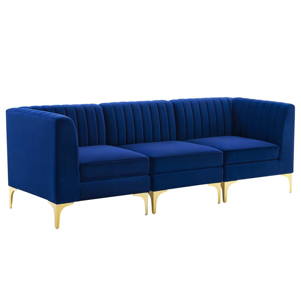 Navy Velvet Tufted 3-Seater Sofa with Gold Metal Legs