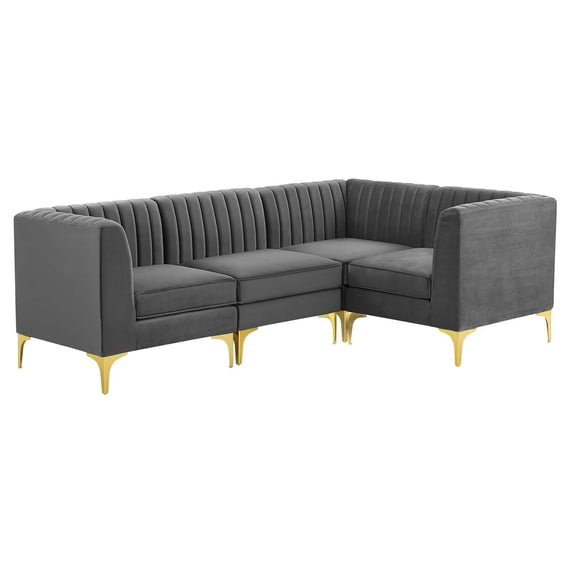Modway Triumph Channel Tufted Performance Velvet 4-Piece Sectional Sofa in Gray