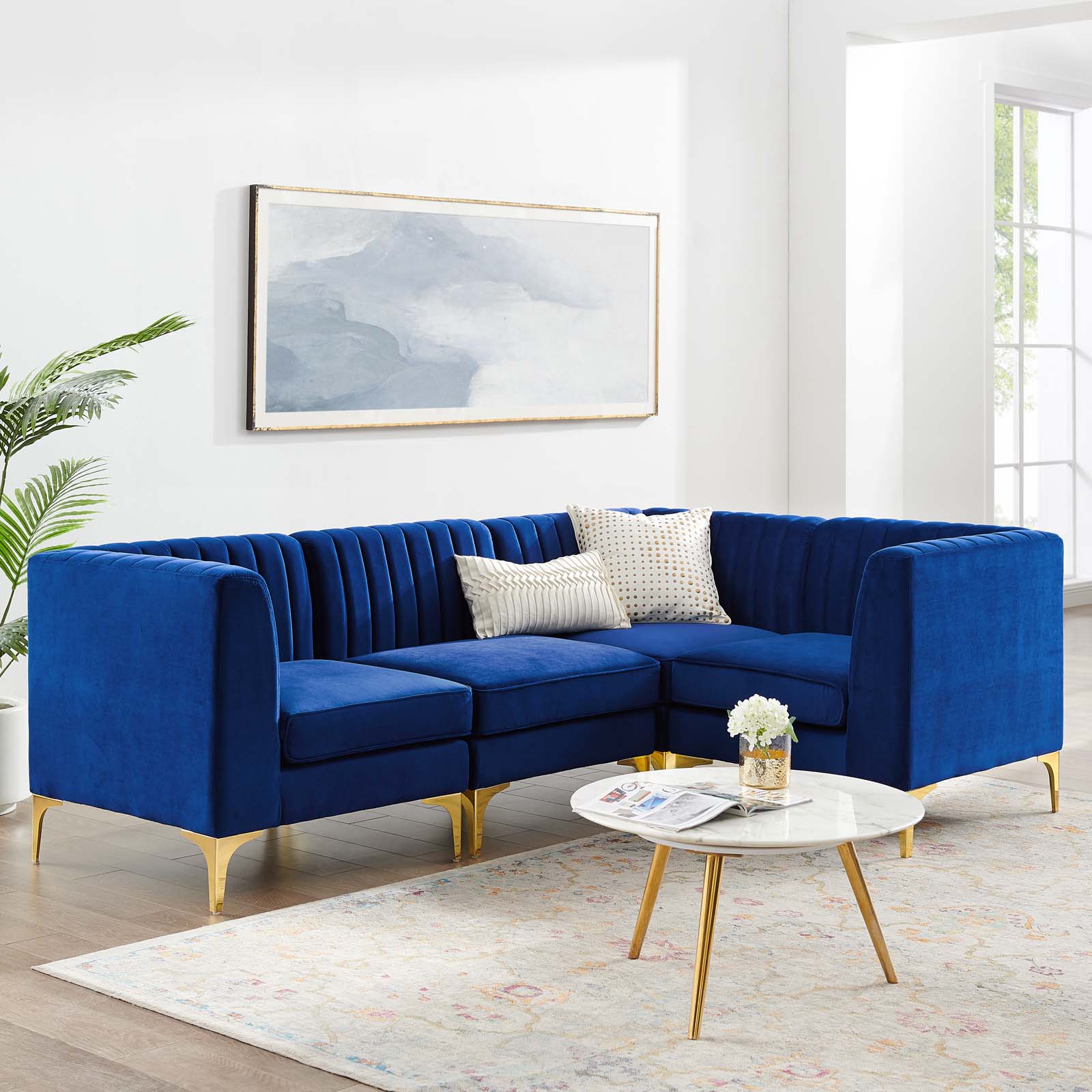 Modway Triumph 4-Piece Channel Performance Velvet Tufted Sectional Sofa in Navy - image 1 of 9