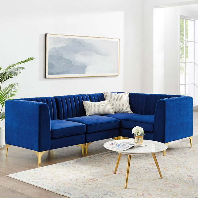 Modway Triumph 4-Piece Channel Performance Velvet Tufted Sectional Sofa in Navy