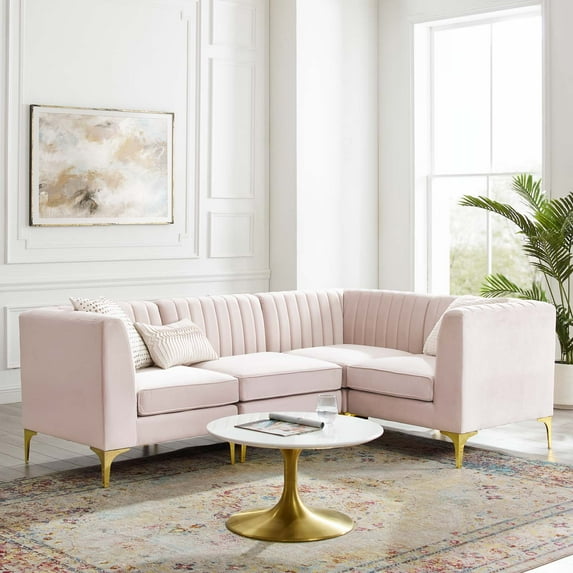 Modway Triumph Channel Tufted Performance Velvet 4-Piece Sectional Sofa in Pink