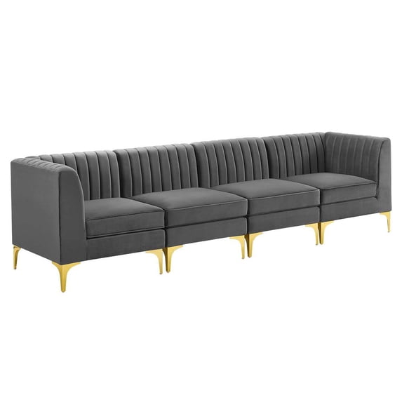 Modway Triumph Channel Tufted Performance Velvet 4-Seater Sofa in Gray