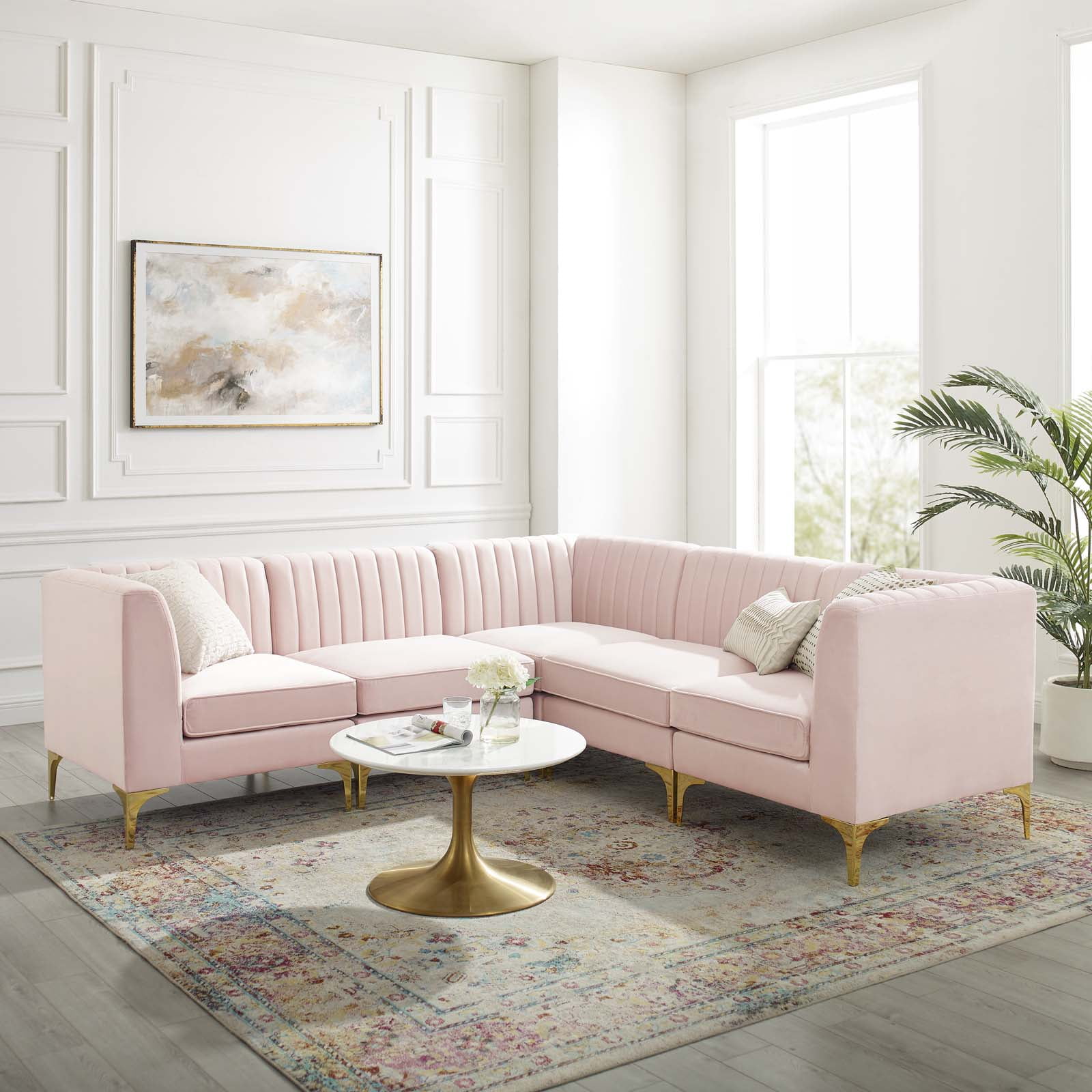 Modway Triumph 5-Piece Channel Velvet Tufted Sectional Sofa in Pink