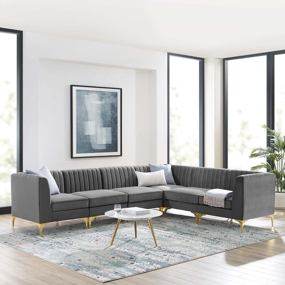 Modway Triumph 6-Piece Channel Performance Velvet Tufted Sectional Sofa in Gray