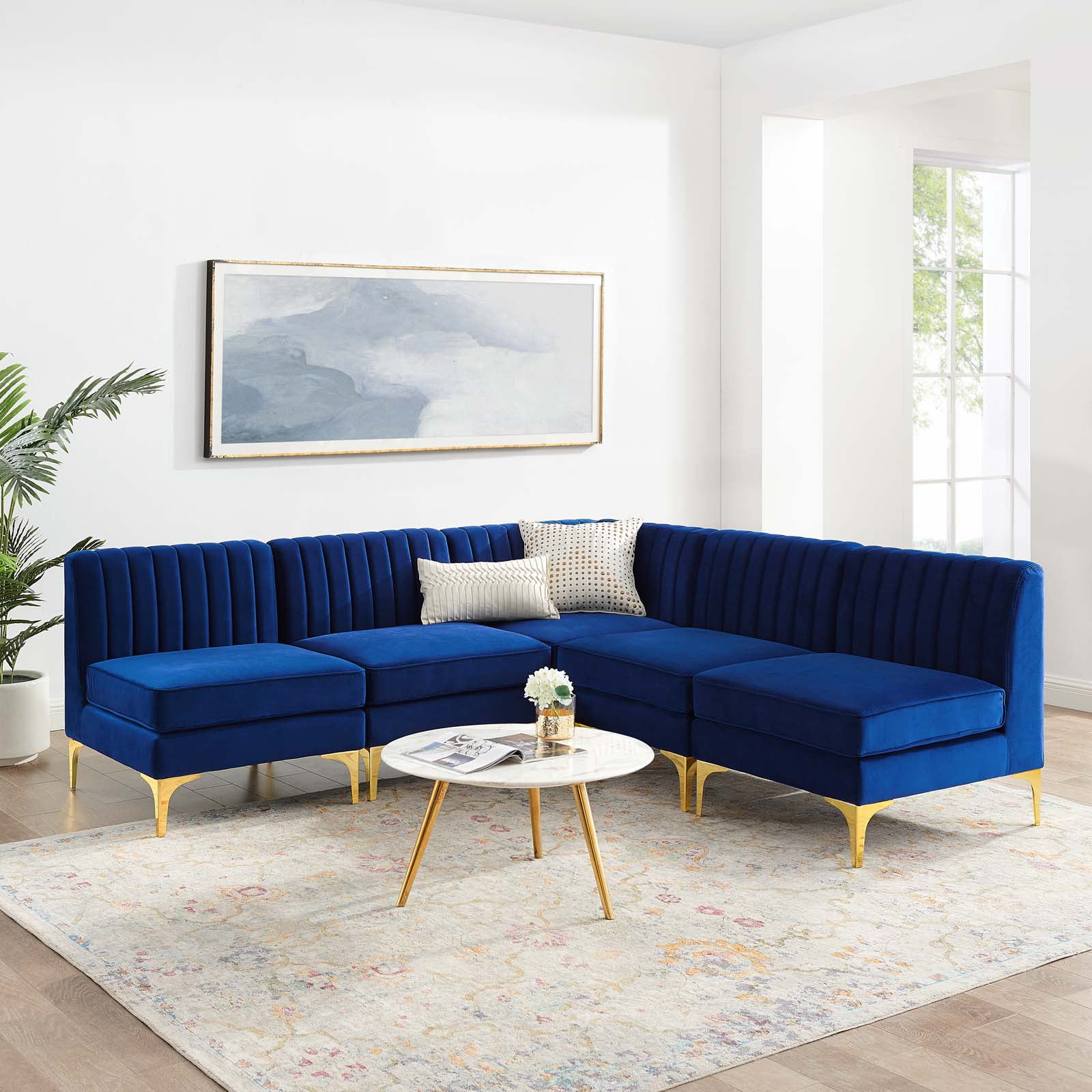 Modway Eei 4351 Triumph Channel Tufted Performance Velvet 5 Piece Sectional Sofa Navy