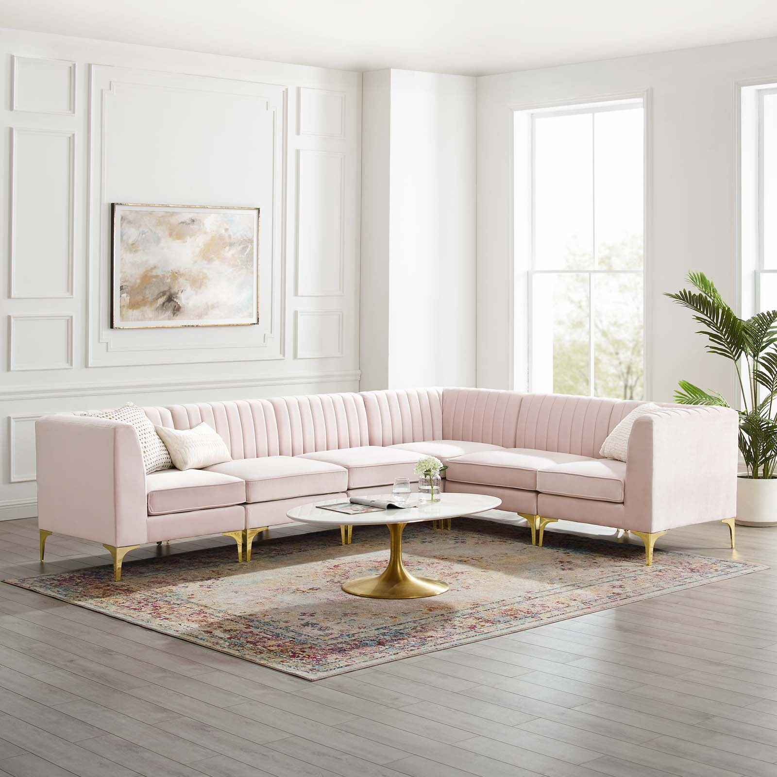 Modway Triumph Channel Tufted Performance Velvet 6 Piece Sectional Sofa in Pink