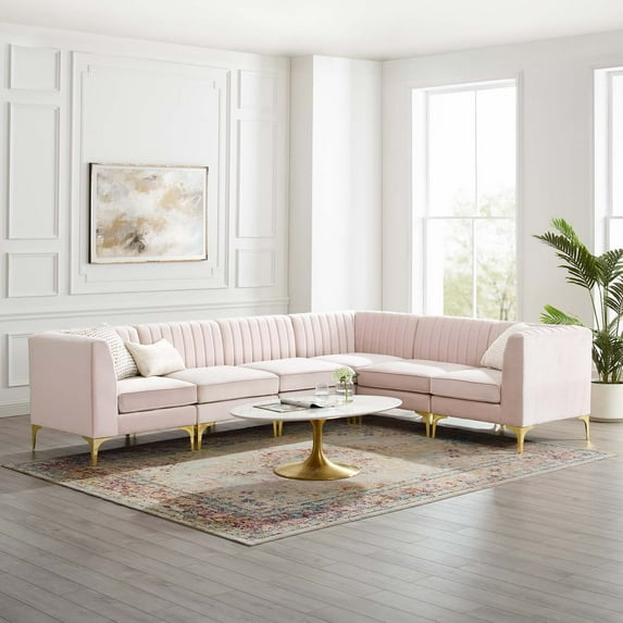 Modway Triumph Channel Tufted Performance Velvet 6-Piece Sectional Sofa in Pink