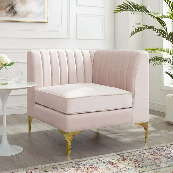Modway Triumph Channel Tufted Performance Velvet Sectional Sofa Corner Chair in Pink
