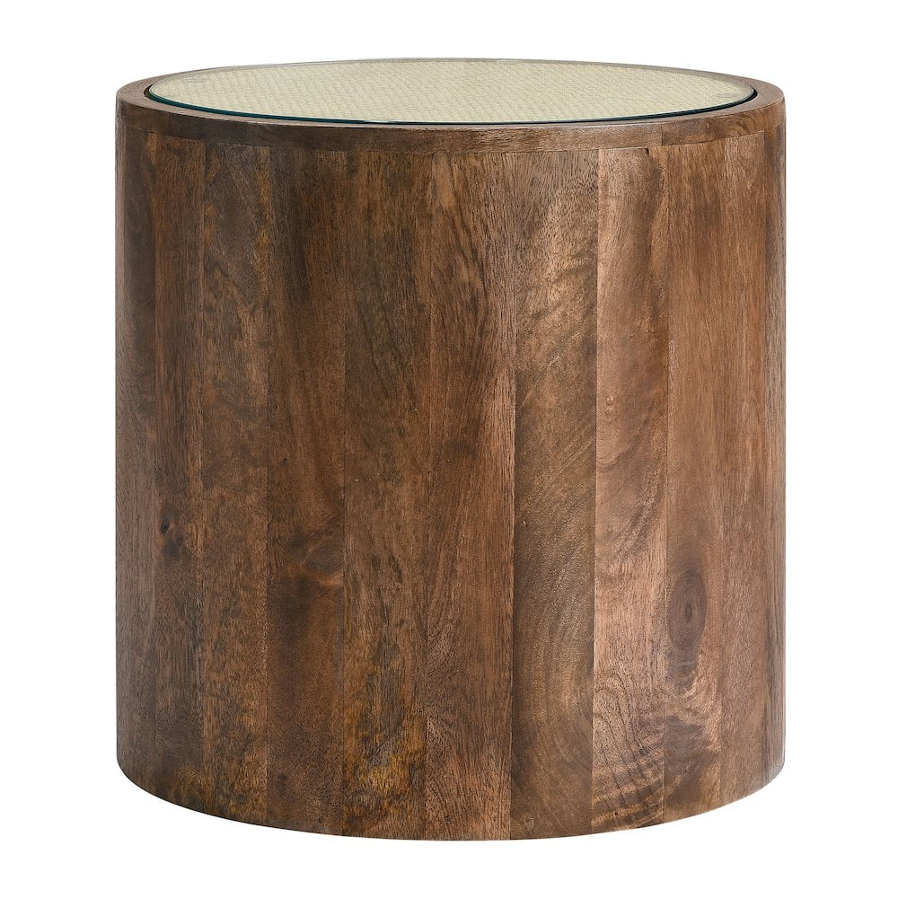 Truett Round Walnut Wood Rattan Side Table with Glass Top