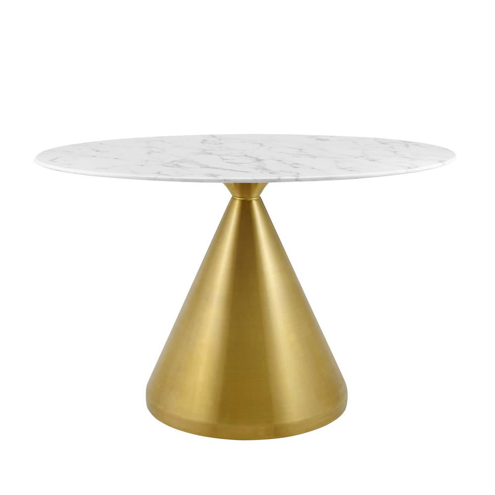 48" White Marble and Gold Pedestal Dining Table
