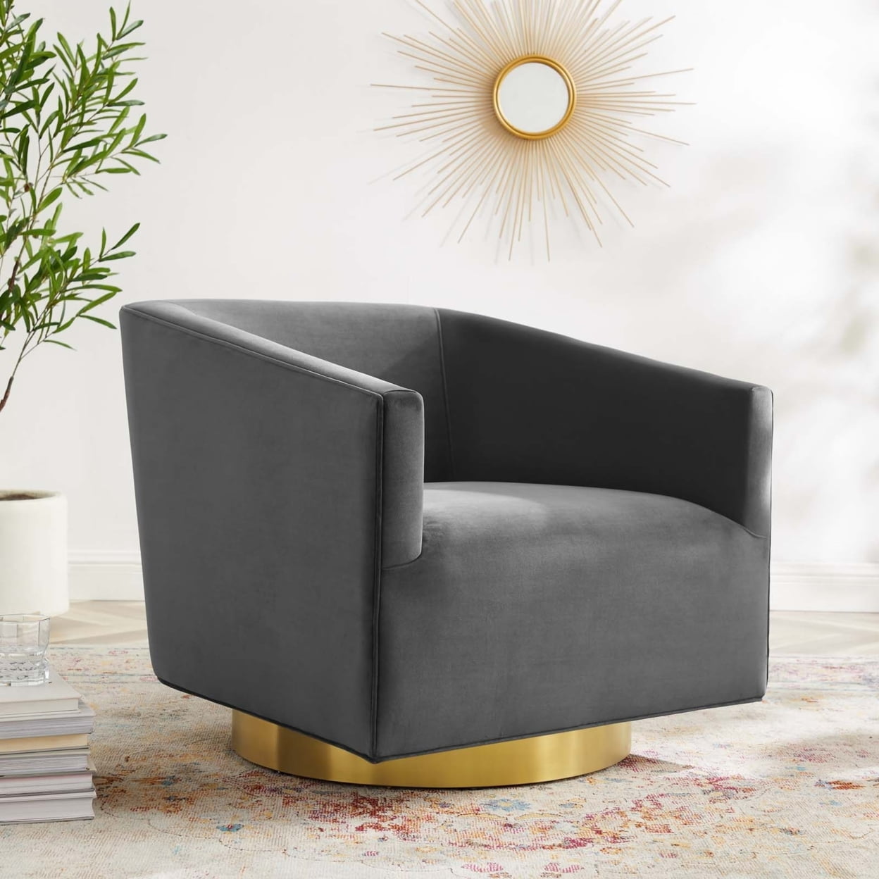 Elegant Gold Charcoal Velvet Barrel Swivel Accent Chair