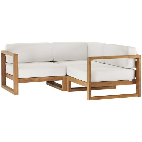 Modway Upland Outdoor Patio Teak Wood 3-Piece Sectional Sofa Set in Natural White