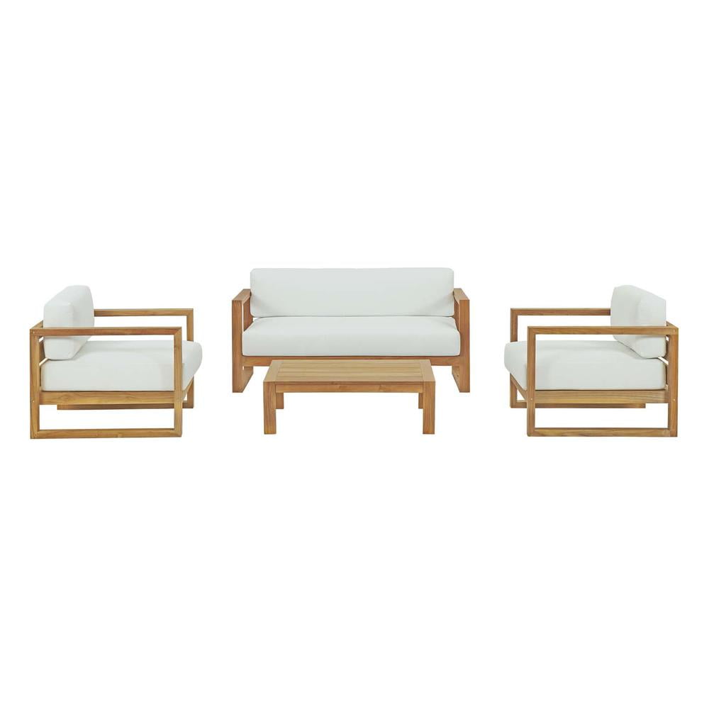 Natural Teak 4-Piece Outdoor Patio Sofa Set with White Cushions