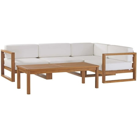 Modway Upland Outdoor Patio Teak Wood 5-Piece Sectional Sofa Set in Natural White