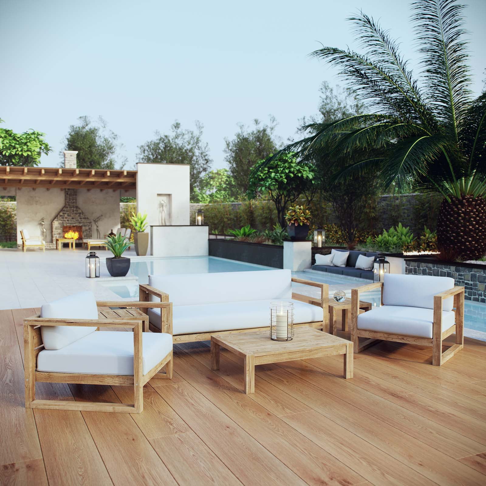 Modway Upland 6 Piece Outdoor Patio Teak Set in Natural White