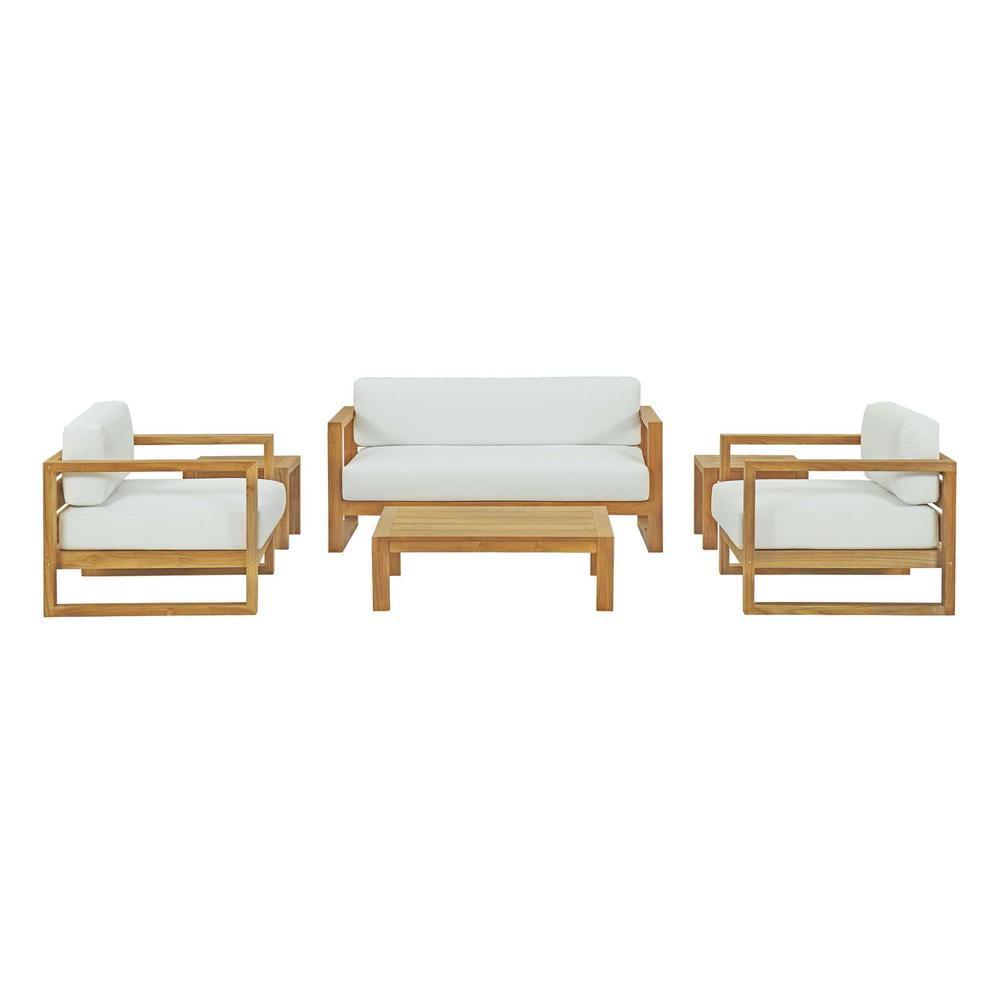 Upland Modern Teak 6-Piece White Cushion Outdoor Patio Set