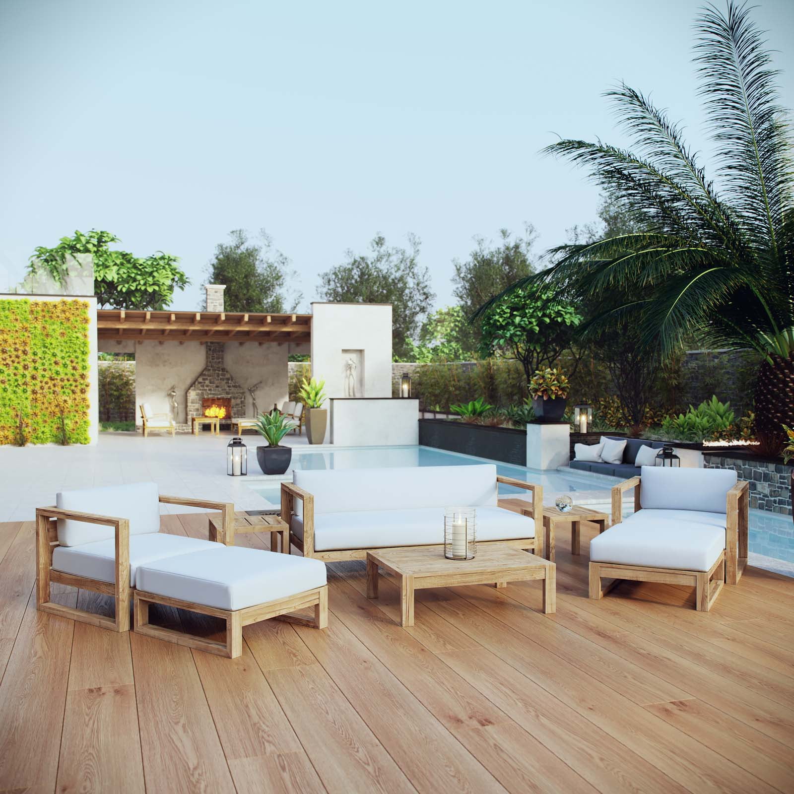 Upland Natural Teak 8-Piece Outdoor Patio Conversation Set with White Cushions