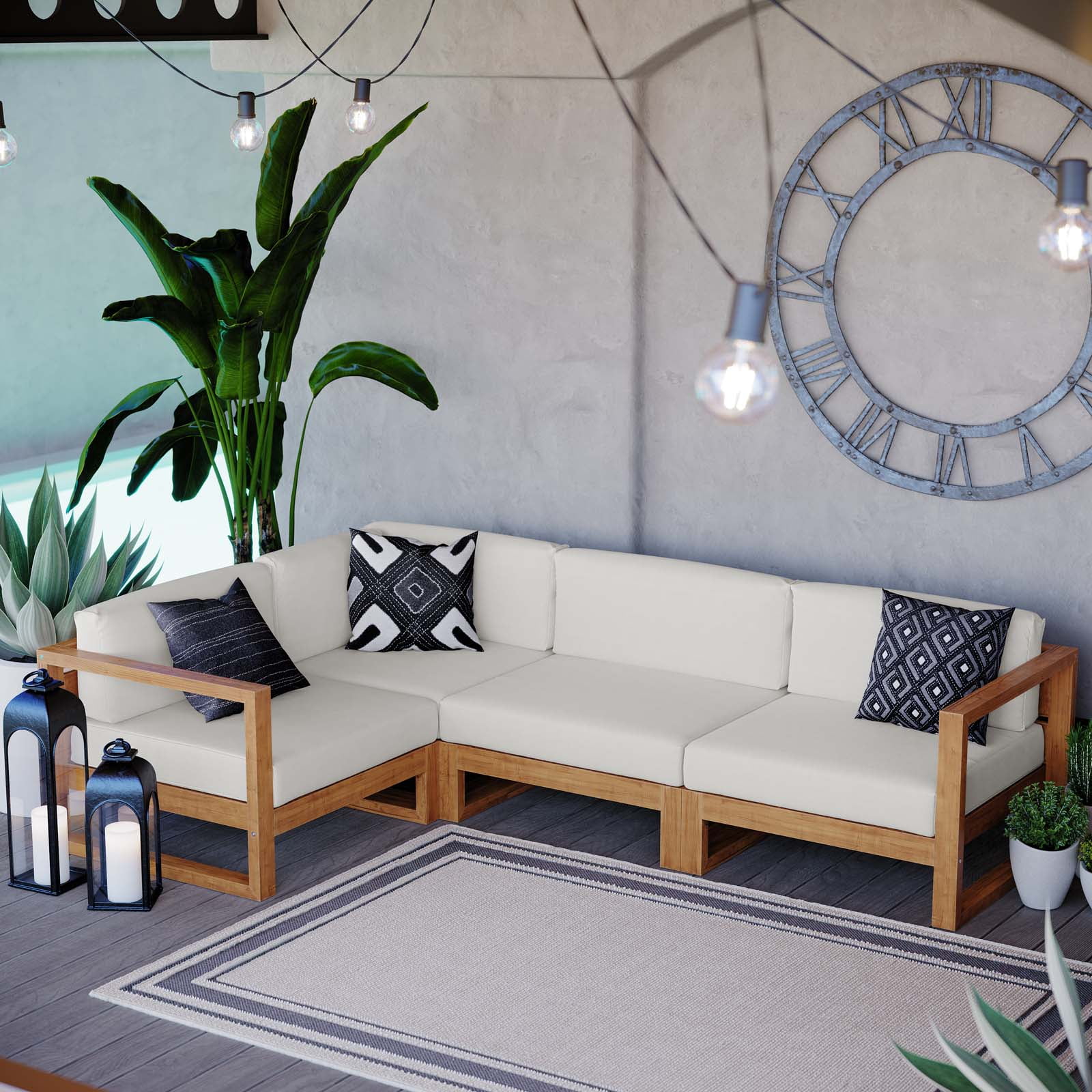 Modway Upland Outdoor Patio Teak Wood 4Piece Sectional Sofa Set in Natural White