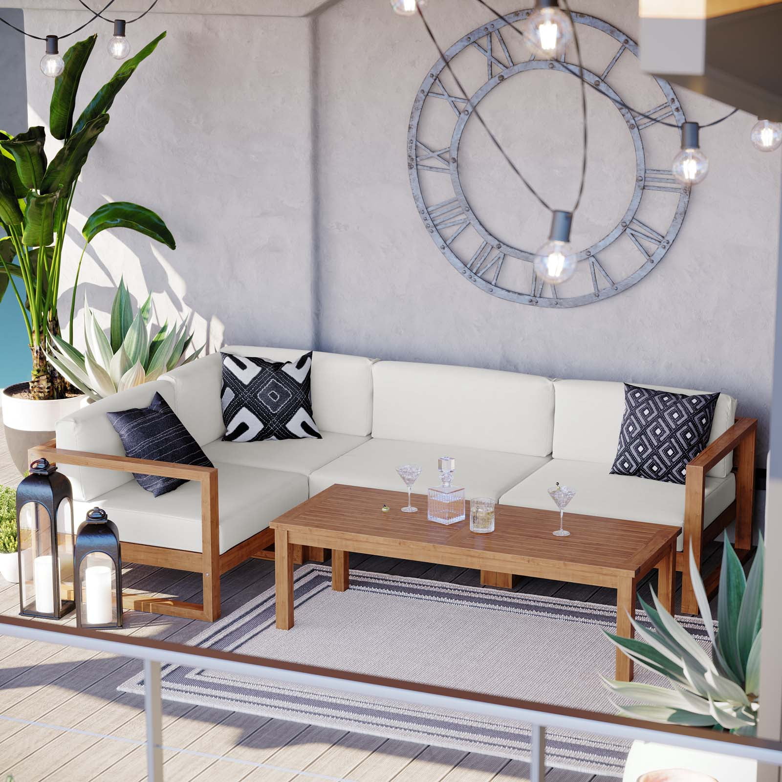 Modway Upland Outdoor Patio Teak Wood 5Piece Sectional Sofa Set in