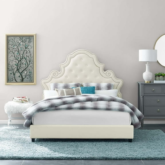 Modway Valentina Queen Tufted Nailhead Performance Velvet Platform Bed in Ivory