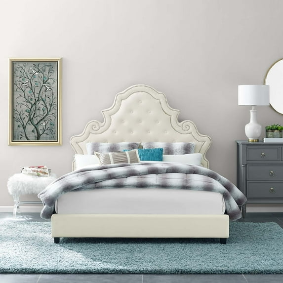 Modway Valentina Queen Tufted Nailhead Performance Velvet Platform Bed in Ivory