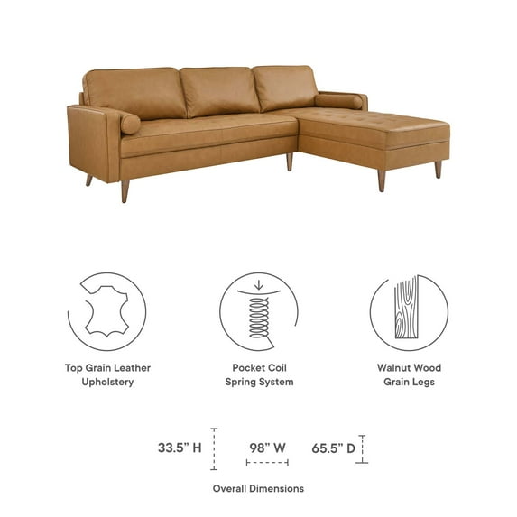 Modway Valour 98" Leather Sectional Sofa in Tan