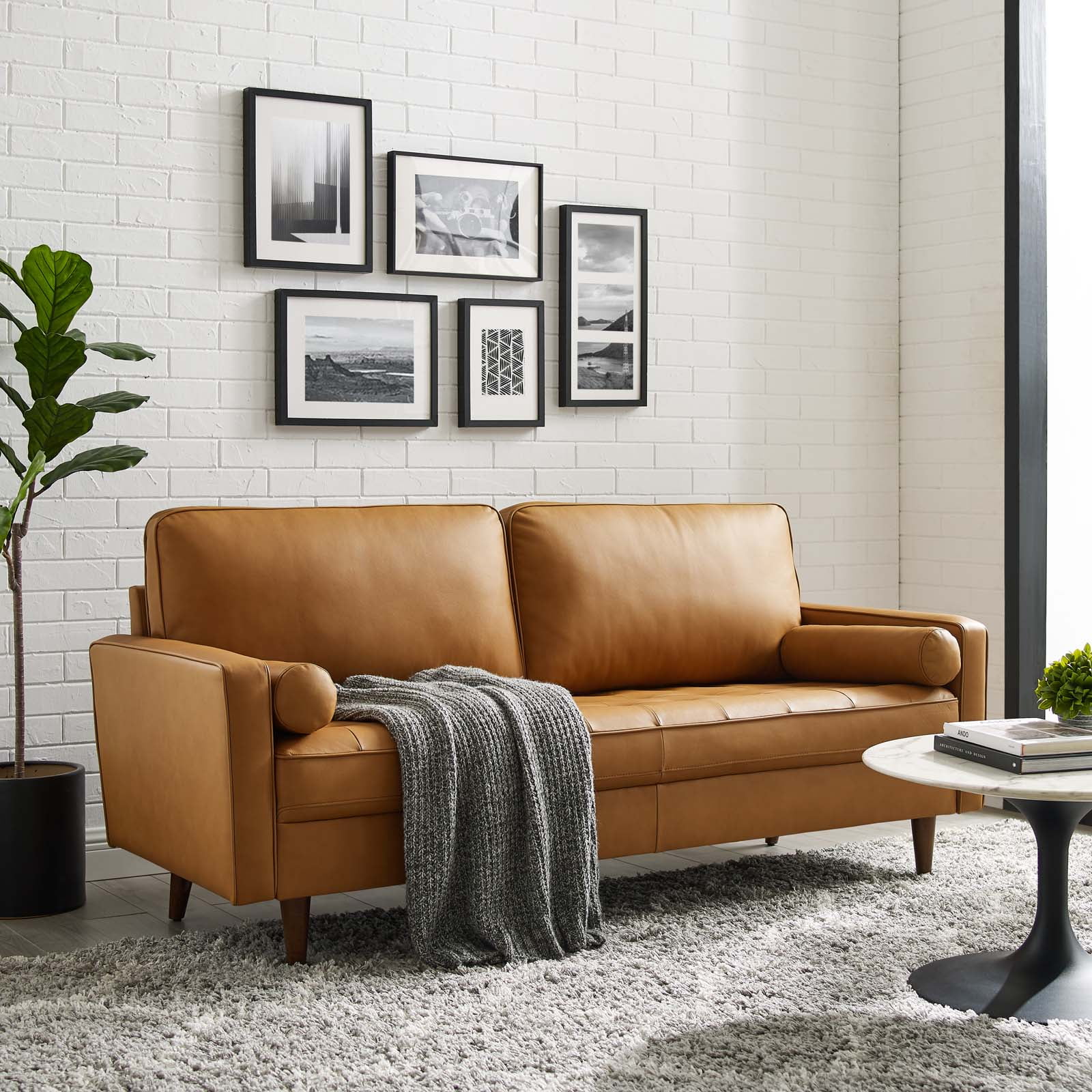 Mid-Century 73'' Tufted Brown Leather Sofa with Walnut Wood Legs