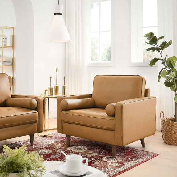 Modway Valour Mid-Century Leather Solid Print Tufted Armchair, Tan