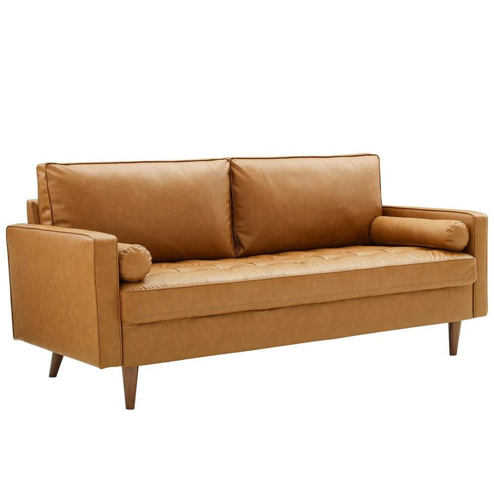Brown Tufted Faux Leather Sofa with Walnut Wood Legs