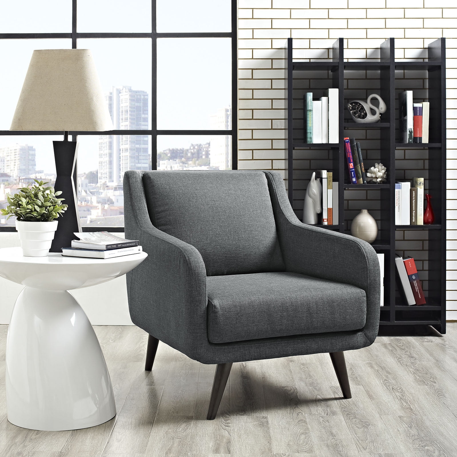 Gray Mid-Century Modern Upholstered Armchair with Espresso Legs