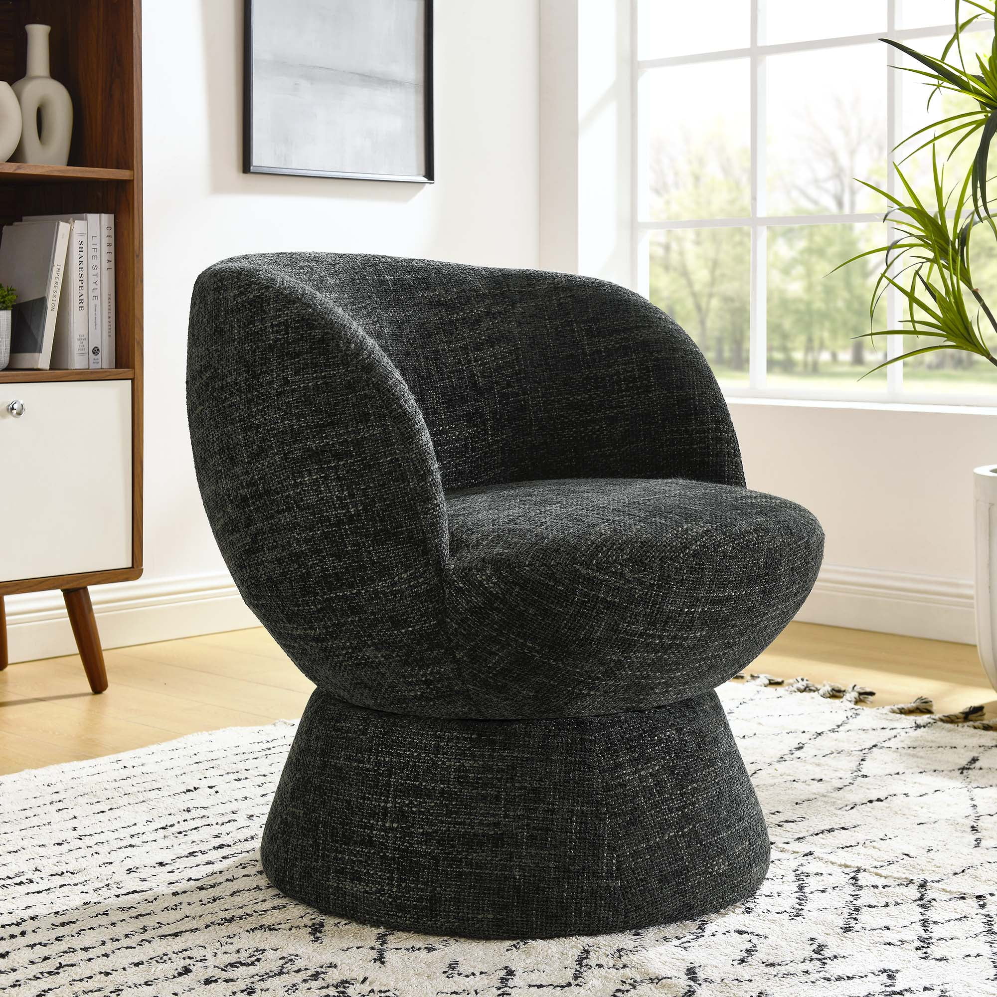Carbon Black Chenille Fabric Swivel Barrel Chair