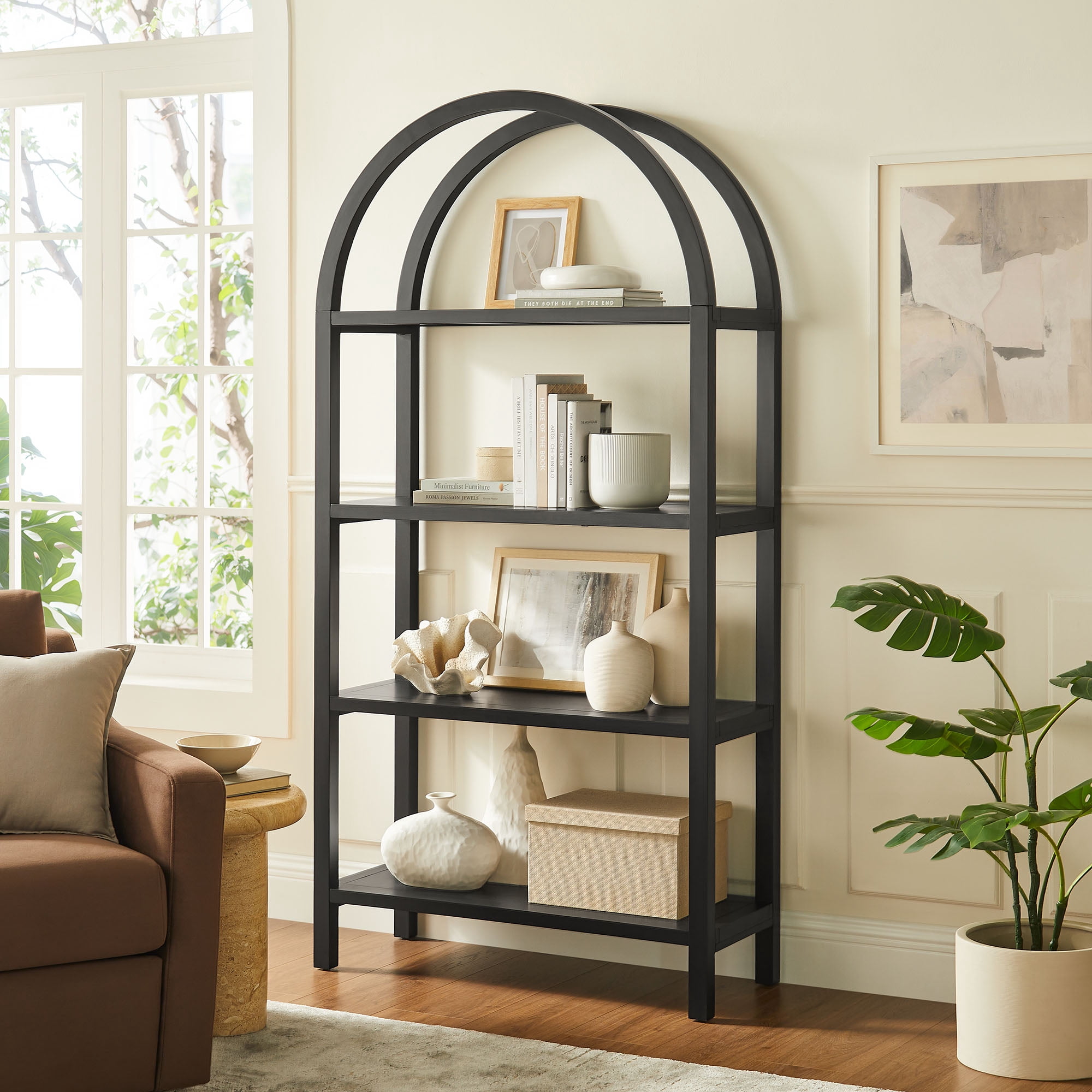 Vexley 72 Inch Large Arched Bookshelf in Black