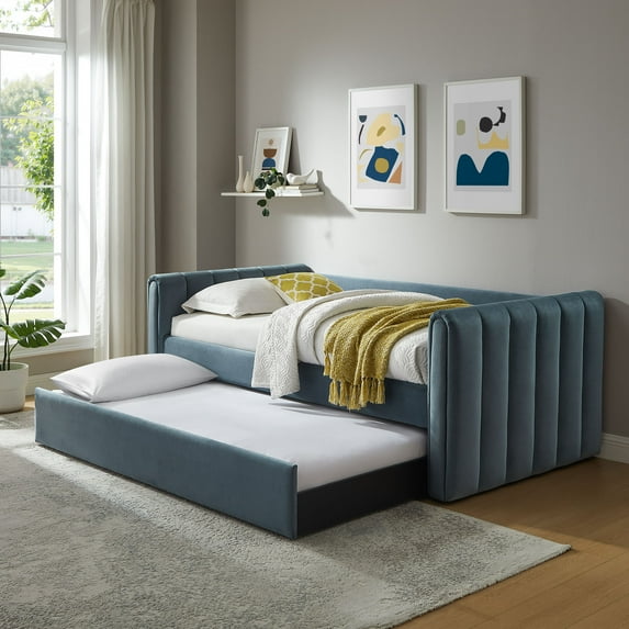 Modway Veyla Channel Tufted Performance Velvet Twin Daybed With Trundle in Blue
