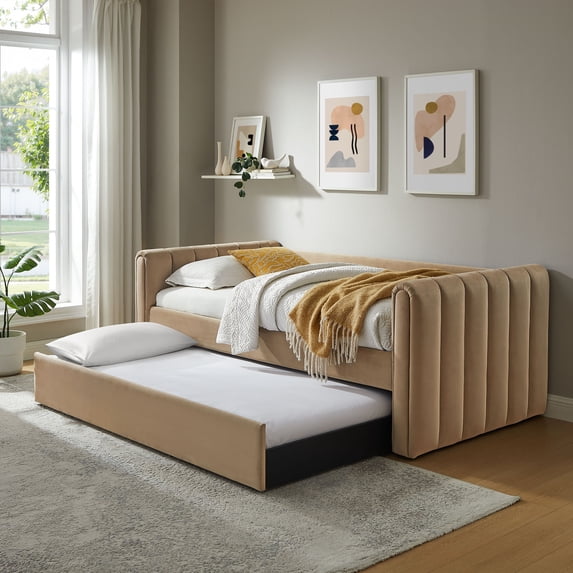 Modway Veyla Channel Tufted Performance Velvet Twin Daybed With Trundle in Brown